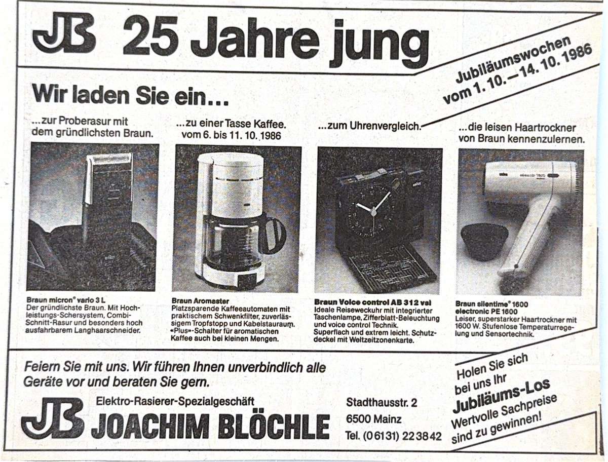 Zeitungsanzeige zu den Jubiläumswochen im Oktober 1986